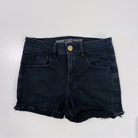 American Eagle Black High Rise Waisted Cuffed Shortie Jean Denim Shorts - Picture 2 of 11